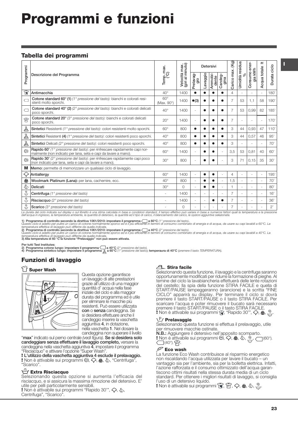 Programmi e funzioni, Funzioni di lavaggio, Tabella dei programmi | Hotpoint Ariston BWMD 742 User Manual | Page 23 / 56