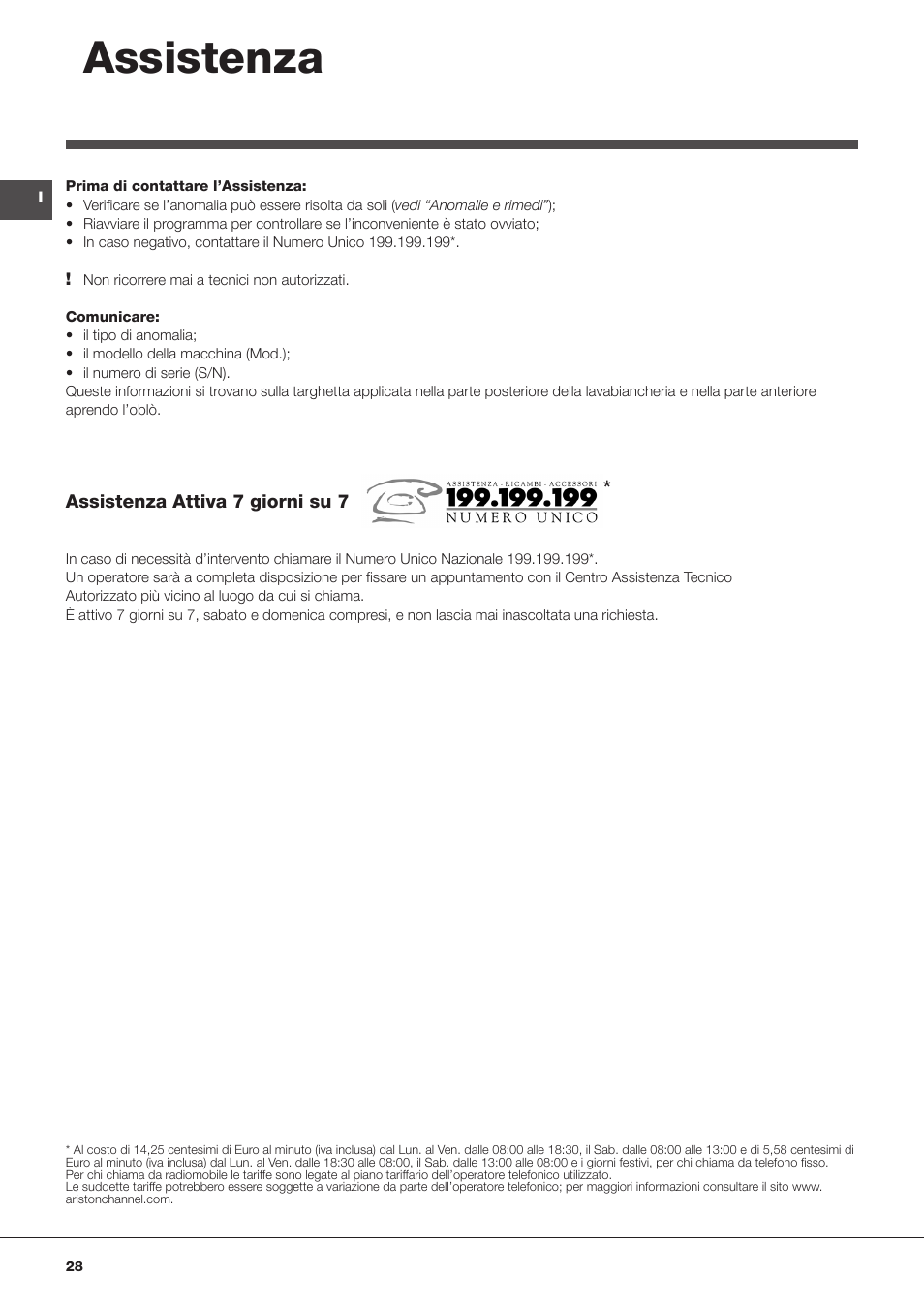 Assistenza | Hotpoint Ariston BWMD 742 User Manual | Page 28 / 56