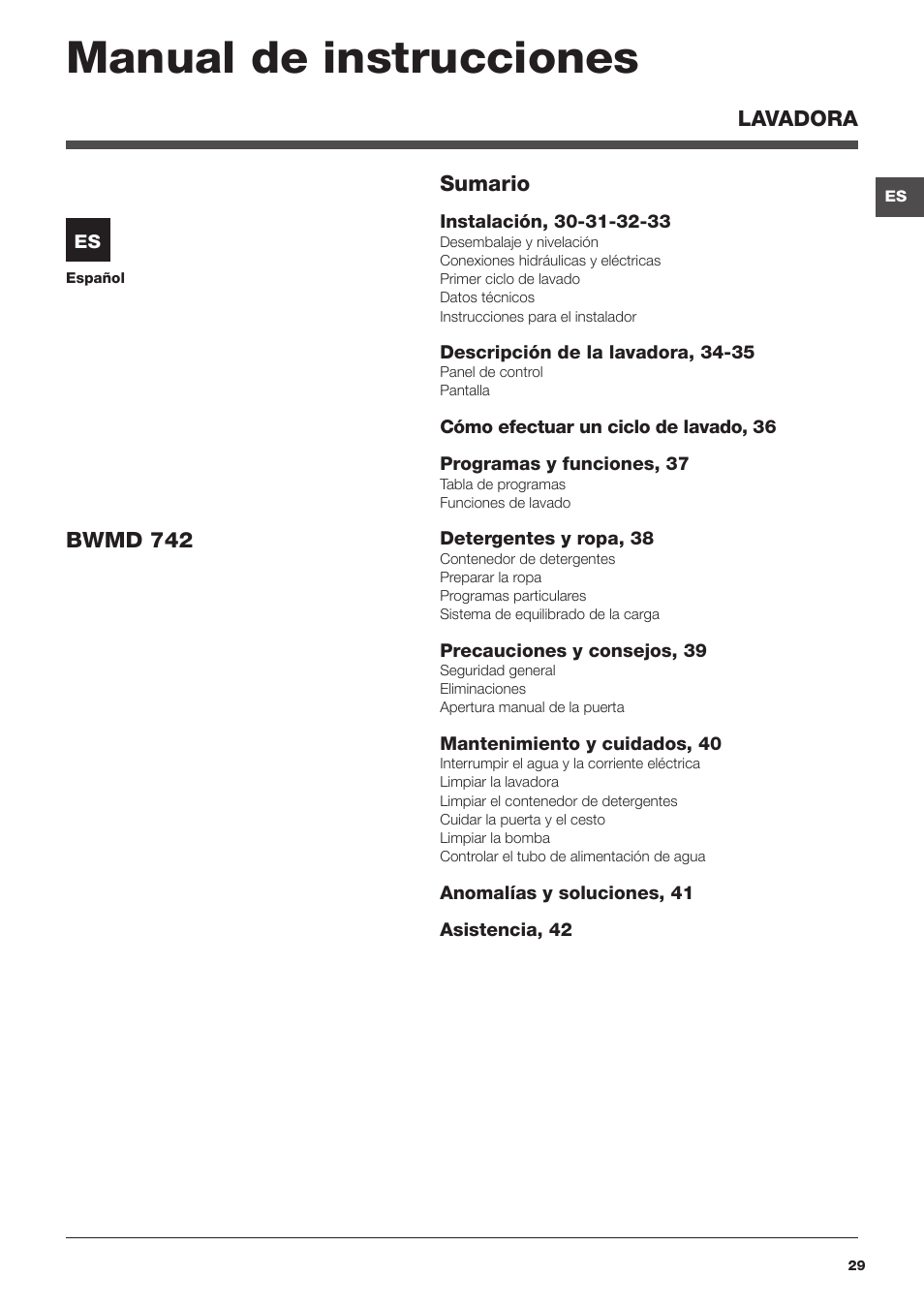 Manual de instrucciones | Hotpoint Ariston BWMD 742 User Manual | Page 29 / 56