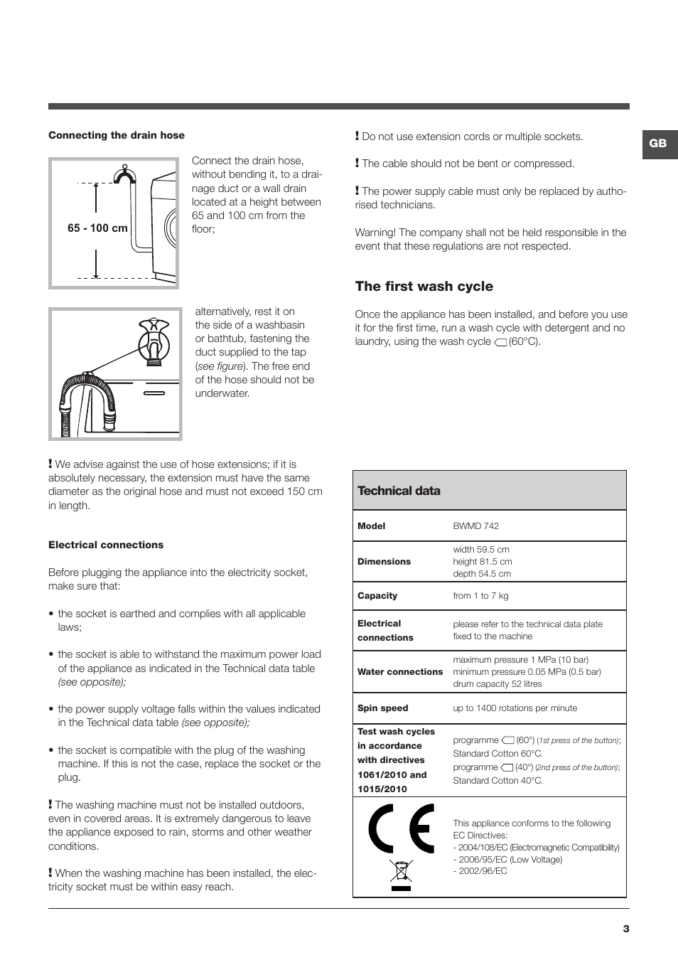 The first wash cycle | Hotpoint Ariston BWMD 742 User Manual | Page 3 / 56