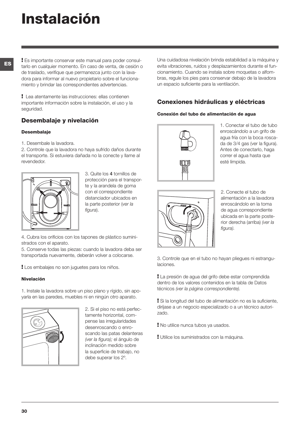 Instalación | Hotpoint Ariston BWMD 742 User Manual | Page 30 / 56