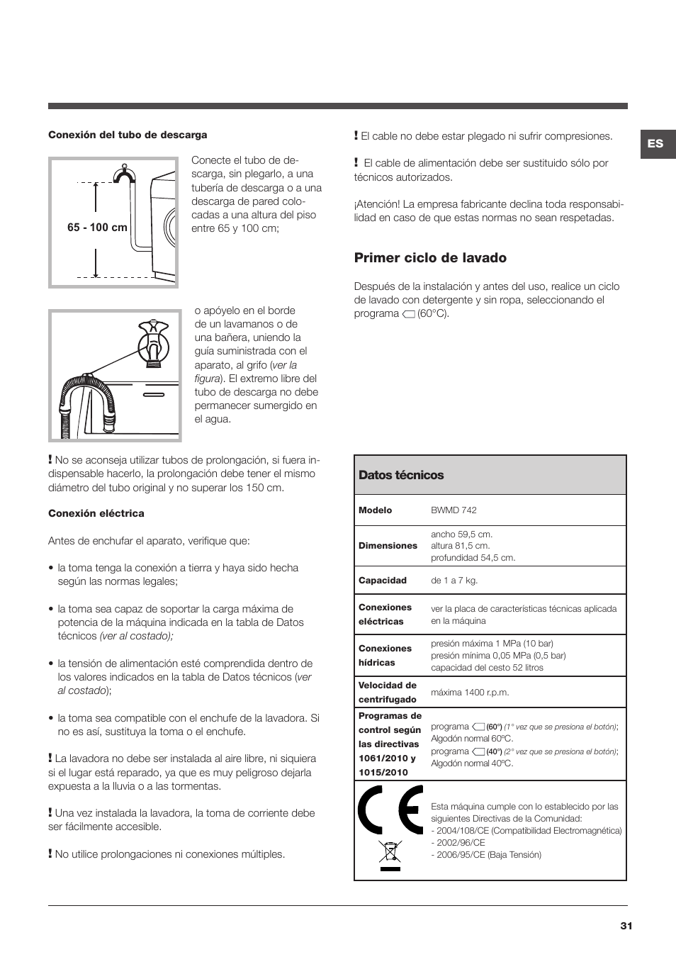 Primer ciclo de lavado | Hotpoint Ariston BWMD 742 User Manual | Page 31 / 56