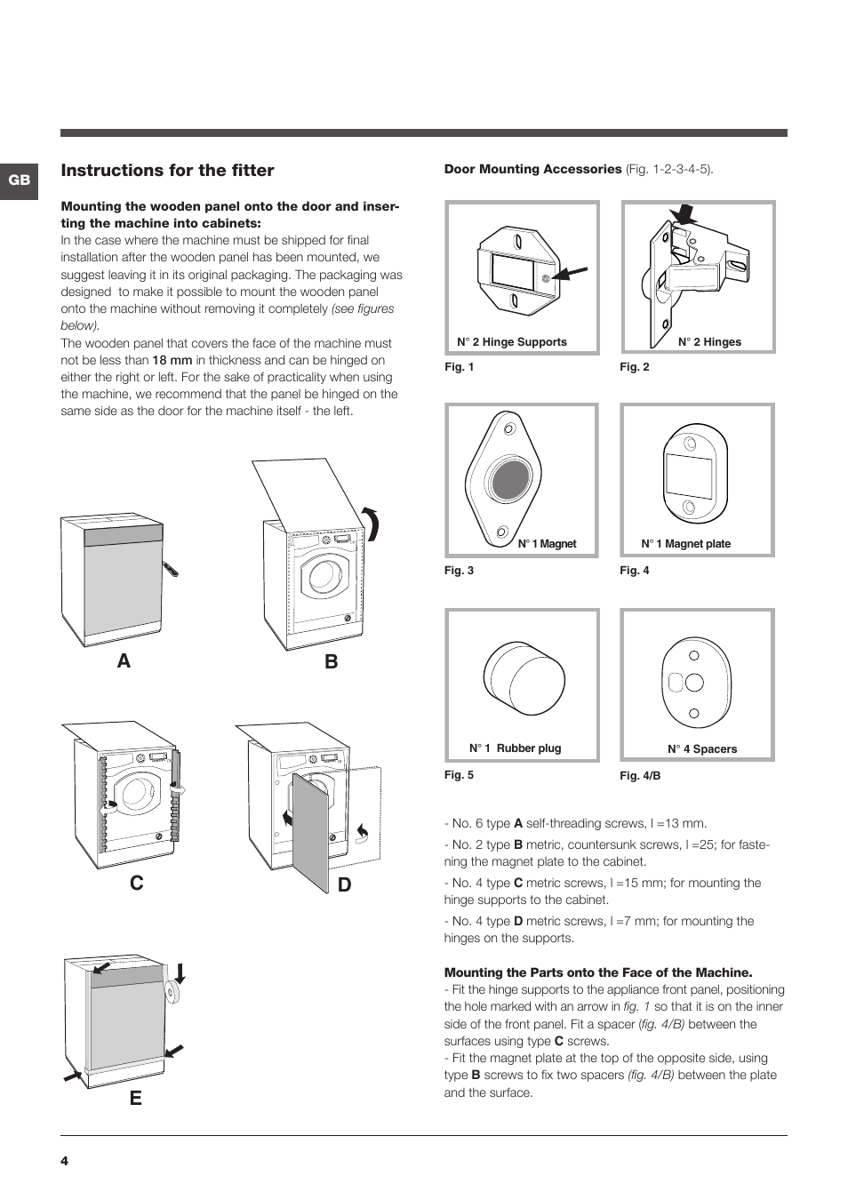 Ab c d e, Instructions for the fitter | Hotpoint Ariston BWMD 742 User Manual | Page 4 / 56