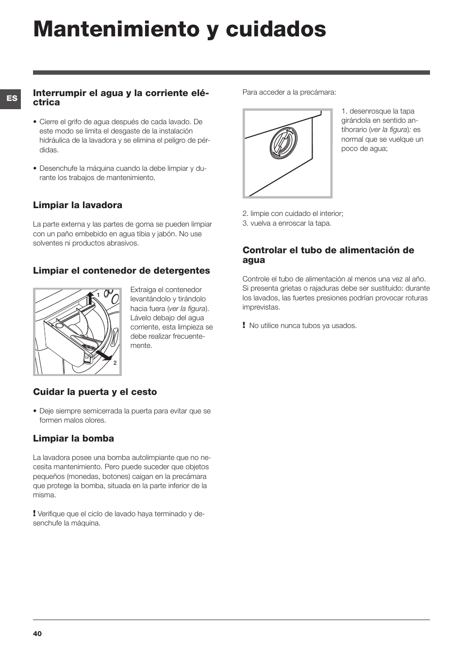 Mantenimiento y cuidados | Hotpoint Ariston BWMD 742 User Manual | Page 40 / 56