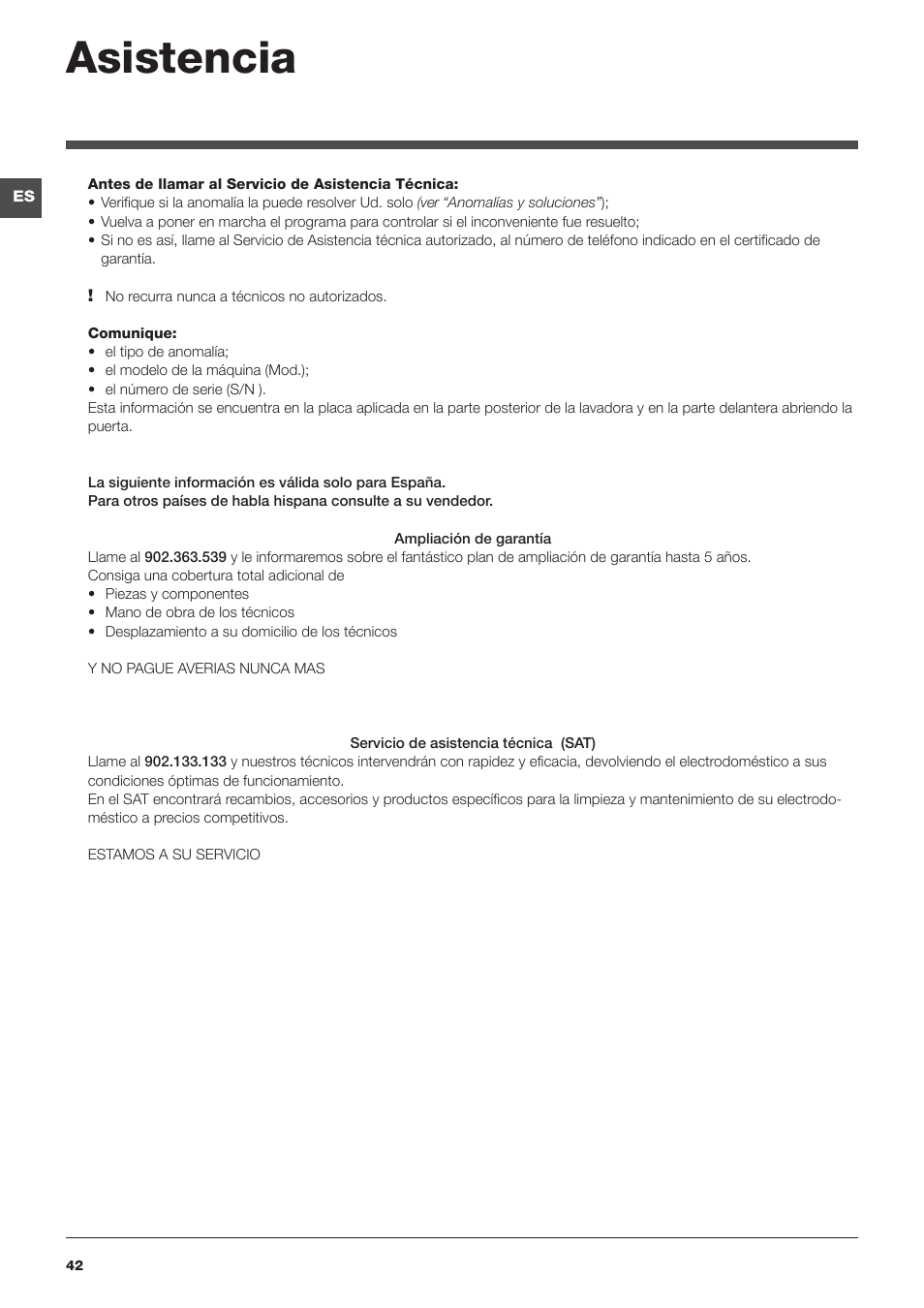 Asistencia | Hotpoint Ariston BWMD 742 User Manual | Page 42 / 56