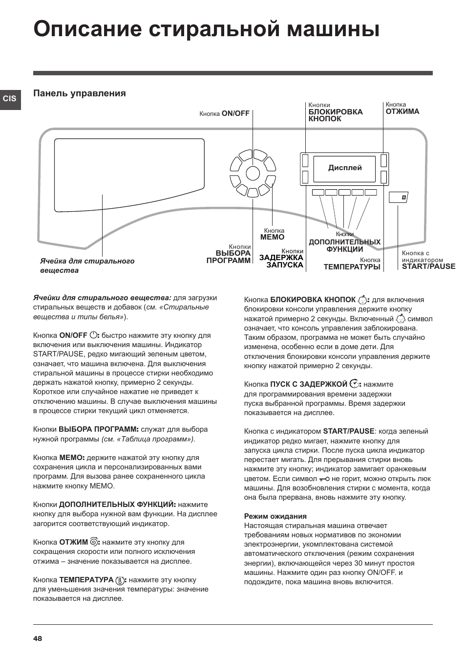 Описание стиральной машины, Панель управления | Hotpoint Ariston BWMD 742 User Manual | Page 48 / 56