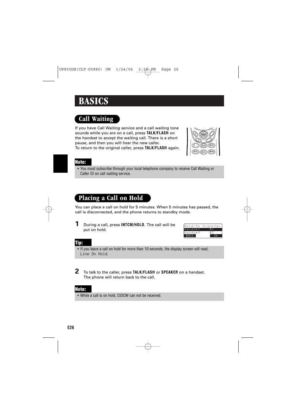 Basics, Call waiting, Placing a call on hold | Line on hold | Sanyo CLT-D5880 User Manual | Page 28 / 60