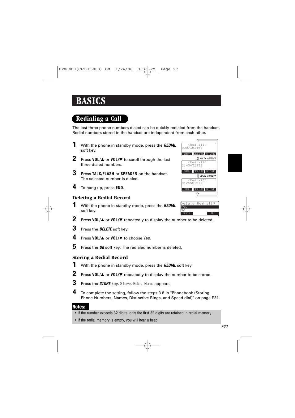 Basics, Redialing a call | Sanyo CLT-D5880 User Manual | Page 29 / 60