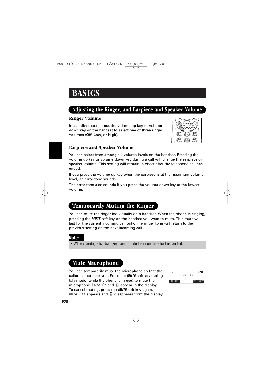 Basics, Temporarily muting the ringer, Mute microphone | Ringer volume, Earpiece and speaker volume, Mute on, Mute off | Sanyo CLT-D5880 User Manual | Page 30 / 60