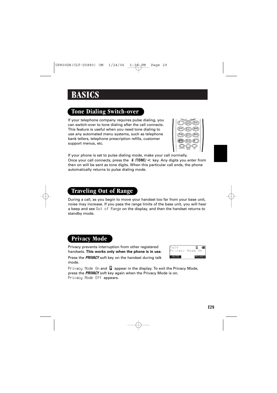 Basics, Tone dialing switch-over, Traveling out of range | Privacy mode, Out of range, Privacy mode on, Privacy mode off | Sanyo CLT-D5880 User Manual | Page 31 / 60