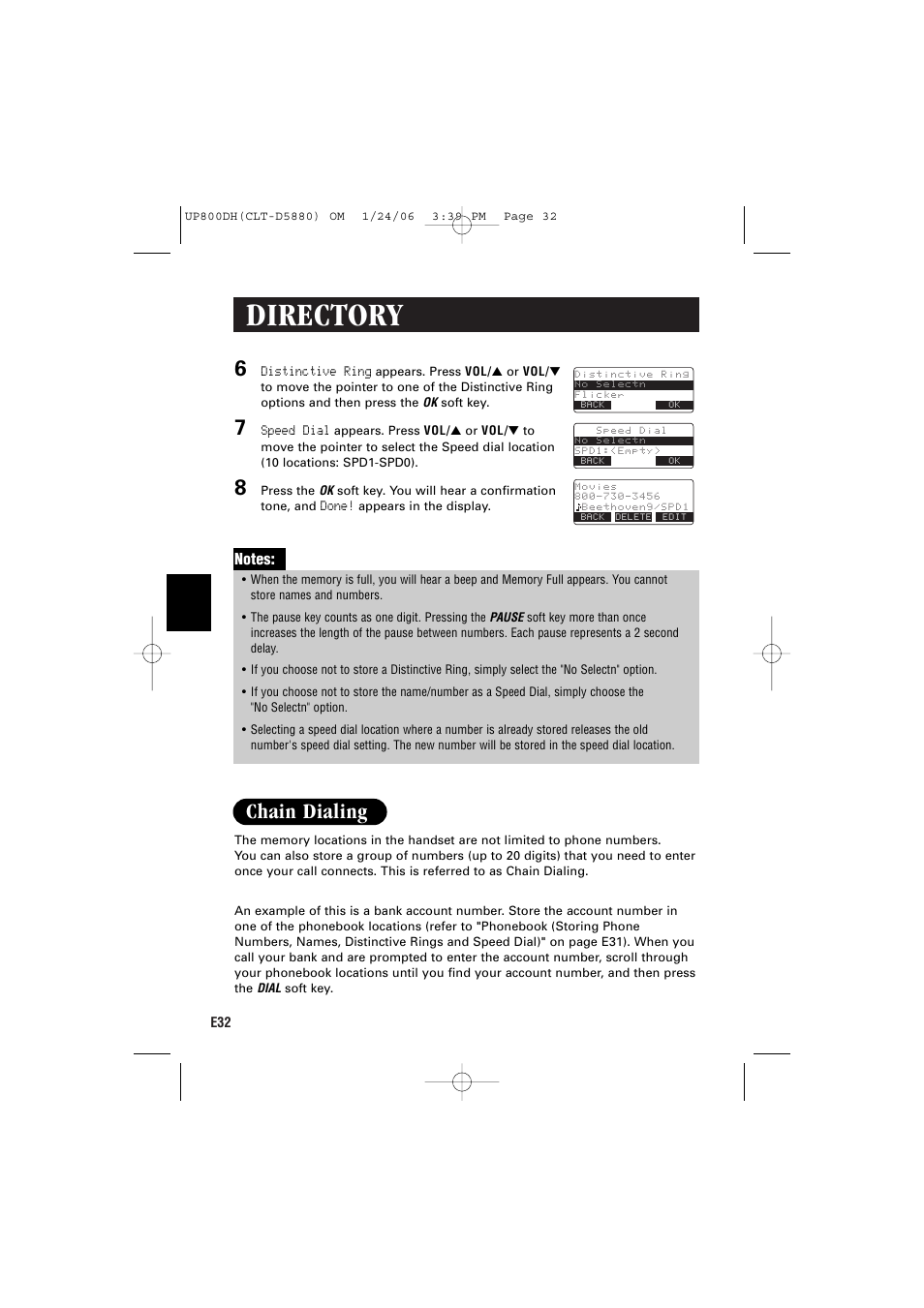 Directory, Chain dialing | Sanyo CLT-D5880 User Manual | Page 34 / 60