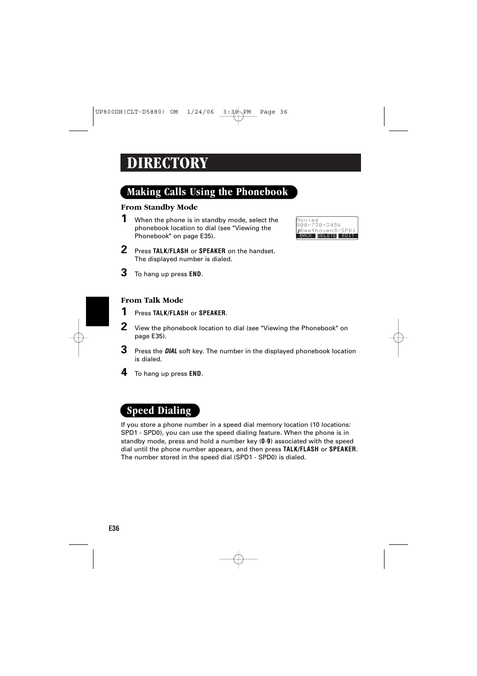 Directory, Making calls using the phonebook, Speed dialing | Sanyo CLT-D5880 User Manual | Page 38 / 60