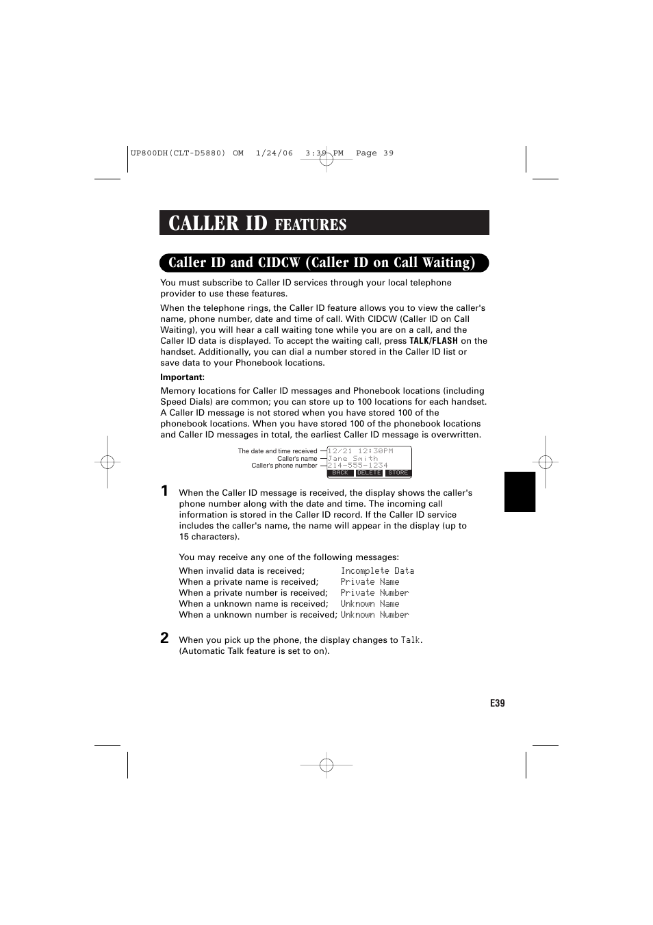 Caller id, Features, Caller id and cidcw (caller id on call waiting) | Sanyo CLT-D5880 User Manual | Page 41 / 60