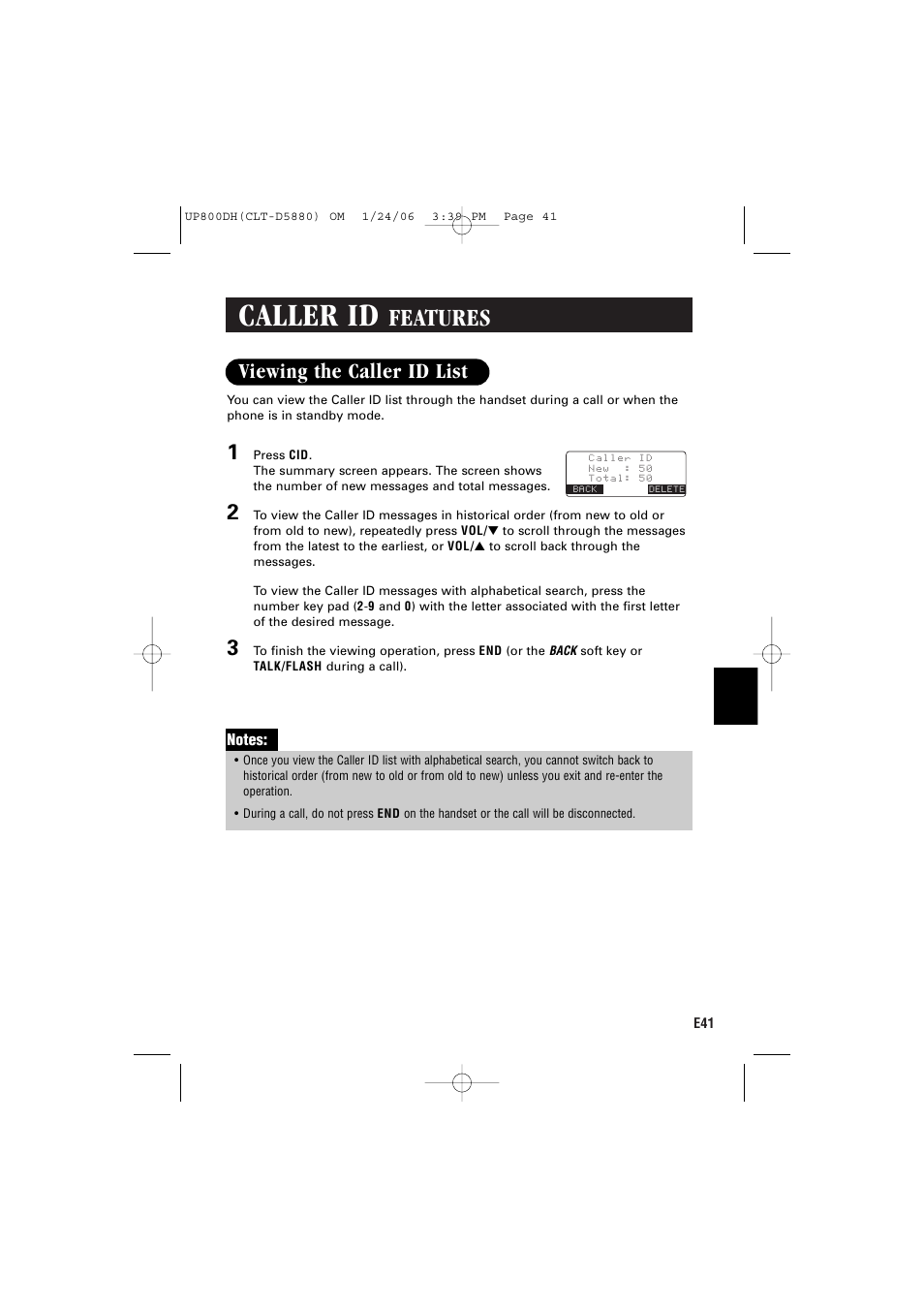 Caller id, Features, Viewing the caller id list | Sanyo CLT-D5880 User Manual | Page 43 / 60