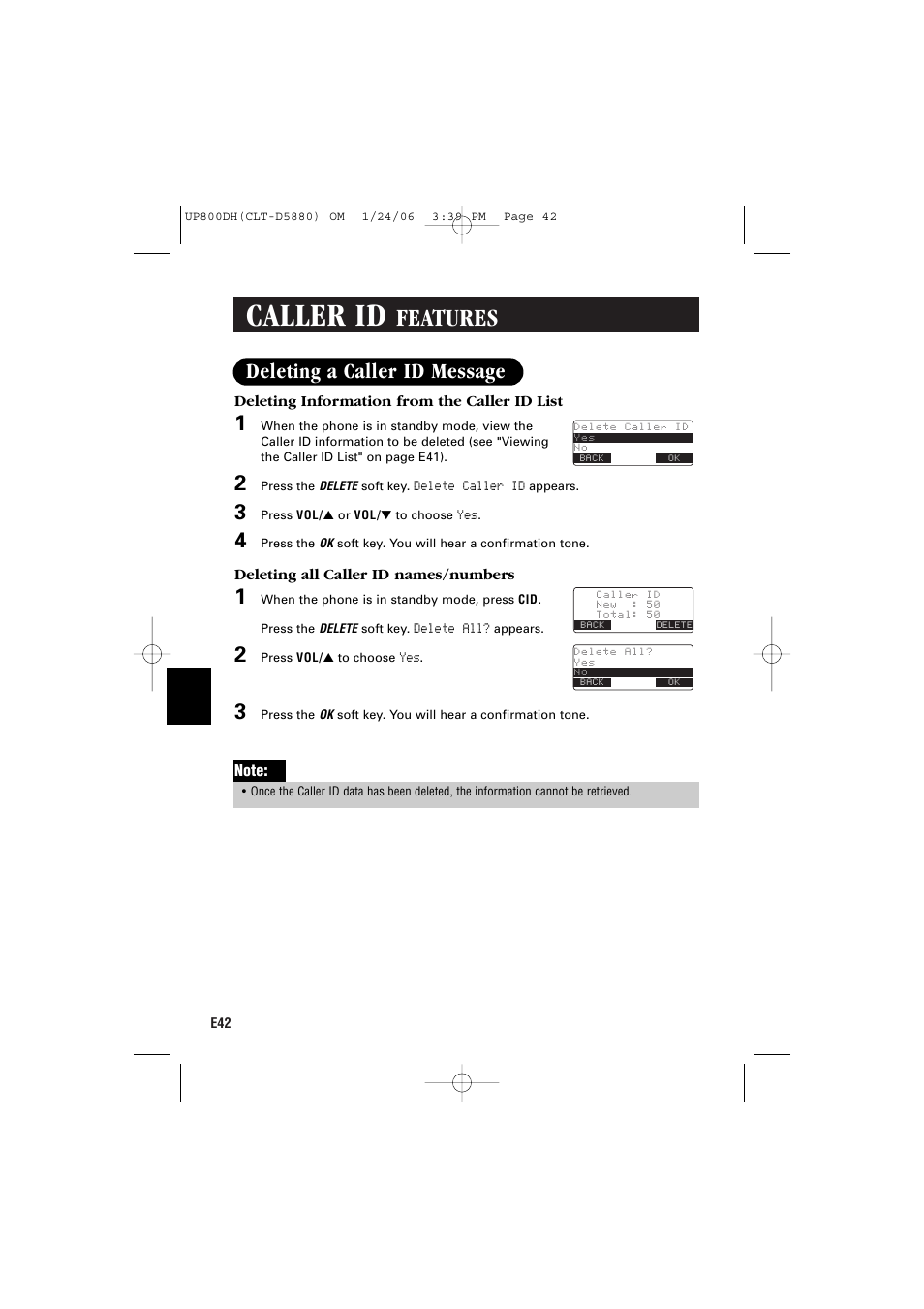 Caller id, Features, Deleting a caller id message | Sanyo CLT-D5880 User Manual | Page 44 / 60