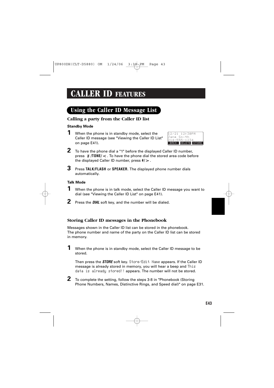Caller id, Features, Using the caller id message list | Sanyo CLT-D5880 User Manual | Page 45 / 60