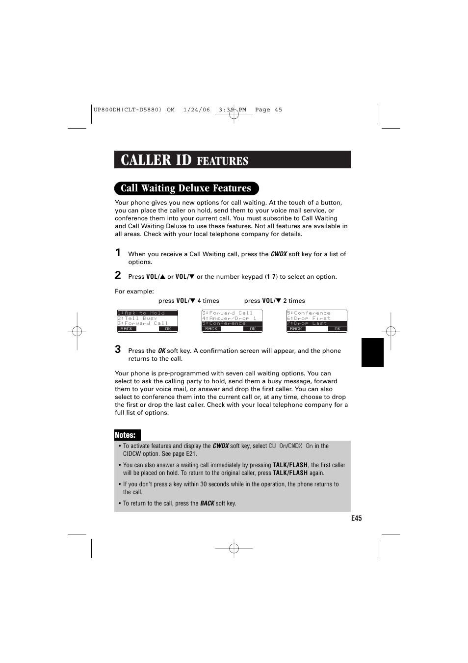 Caller id, Features, Call waiting deluxe features | Sanyo CLT-D5880 User Manual | Page 47 / 60