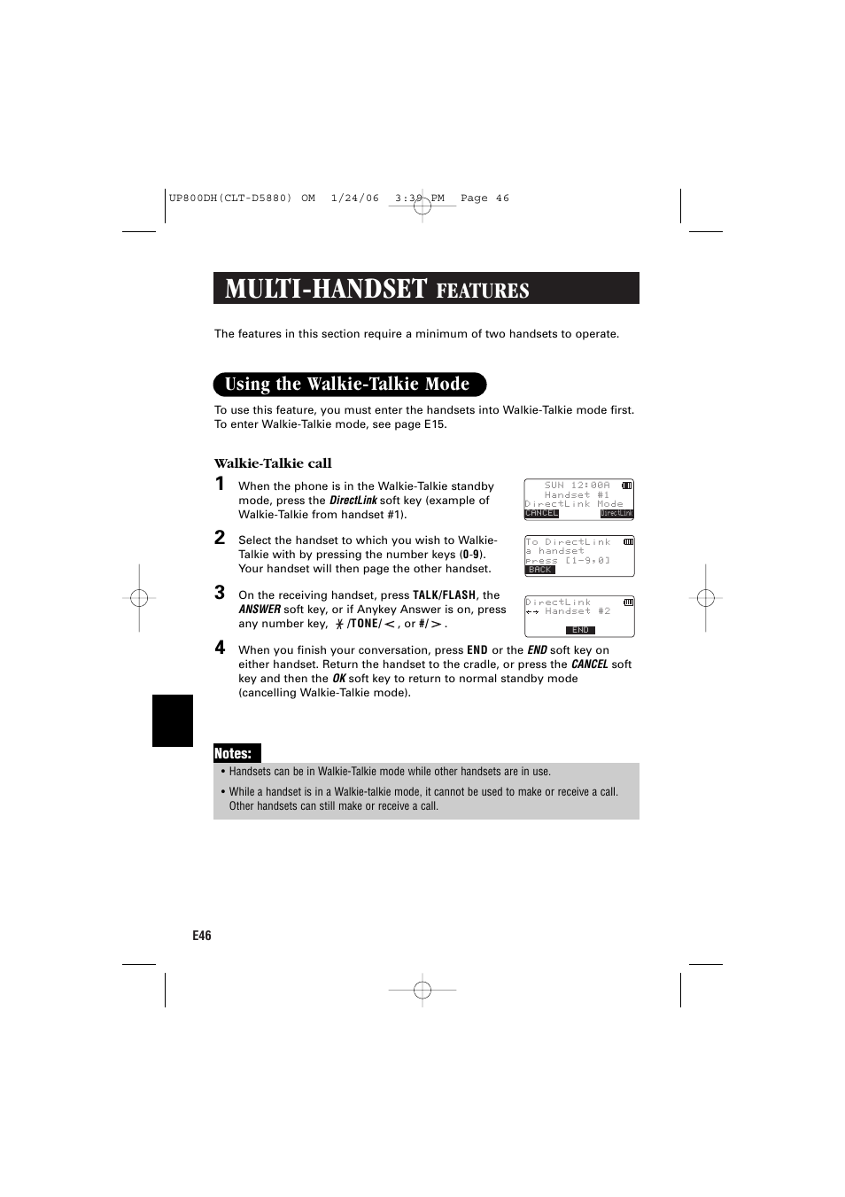 Multi-handset, Features, Using the walkie-talkie mode | Sanyo CLT-D5880 User Manual | Page 48 / 60