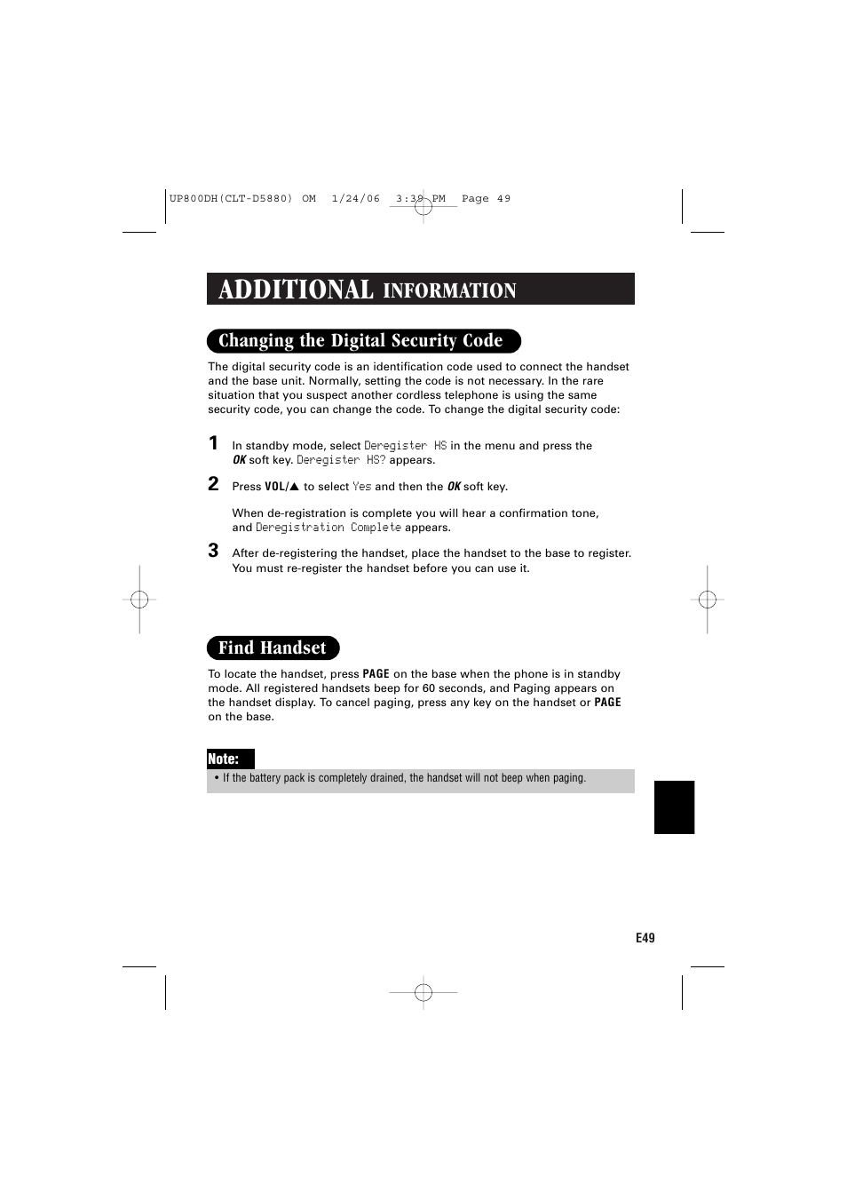 Additional, Information, Changing the digital security code | Find handset | Sanyo CLT-D5880 User Manual | Page 51 / 60