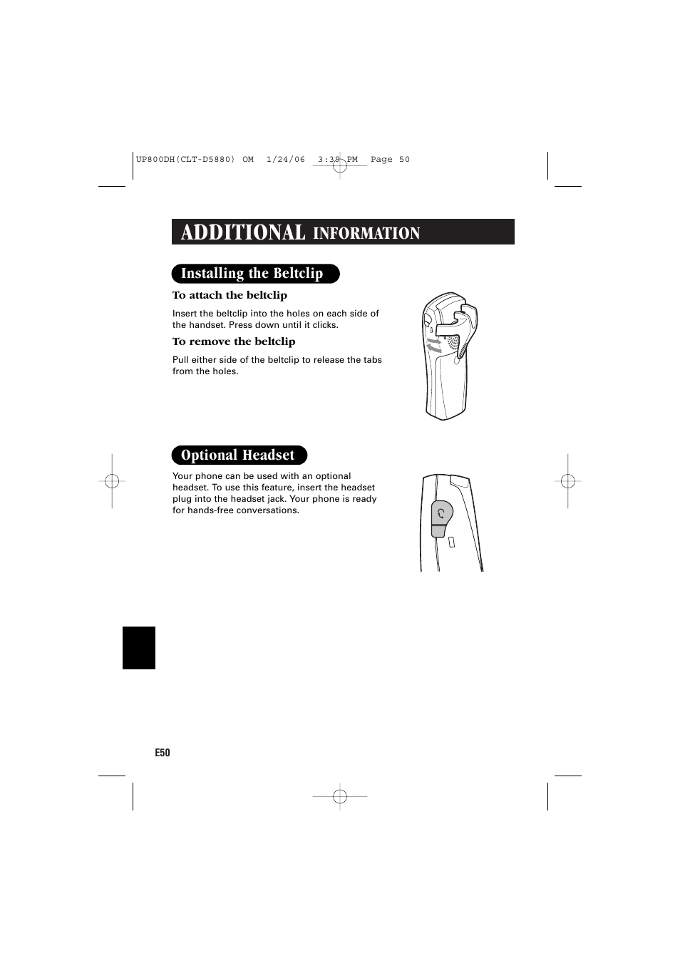 Additional, Information, Installing the beltclip | Optional headset | Sanyo CLT-D5880 User Manual | Page 52 / 60