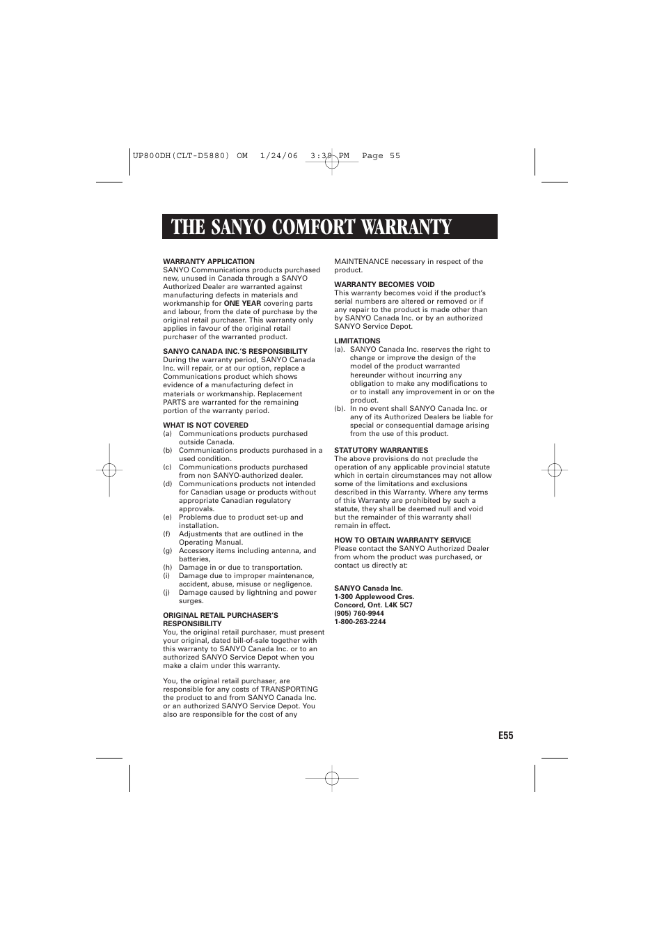 The sanyo comfort warranty | Sanyo CLT-D5880 User Manual | Page 57 / 60