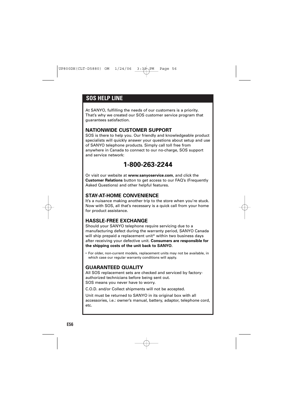 Sos help line | Sanyo CLT-D5880 User Manual | Page 58 / 60
