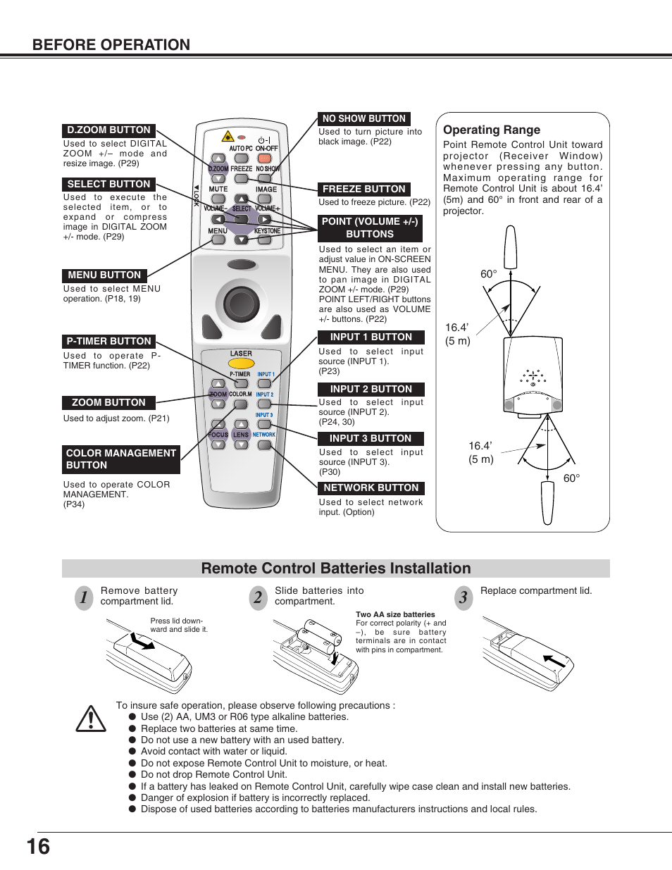 Before operation, Remote control batteries installation, Operating range | Sanyo XP51L User Manual | Page 16 / 56