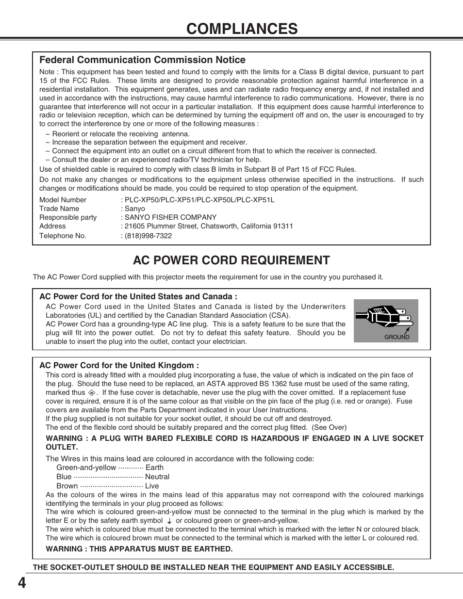 4compliances, Ac power cord requirement, Federal communication commission notice | Sanyo XP51L User Manual | Page 4 / 56