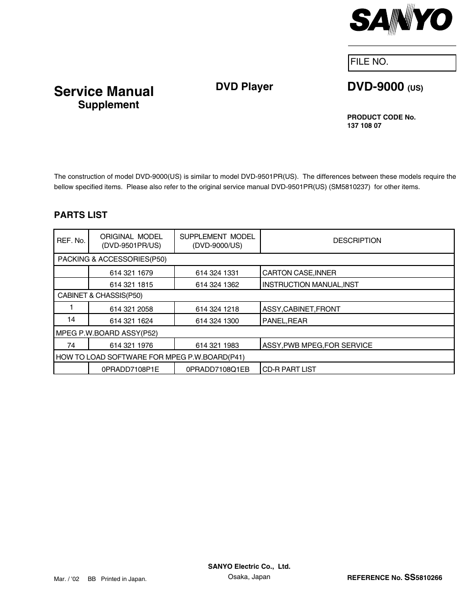 Sanyo DVD-9000 User Manual | 1 page