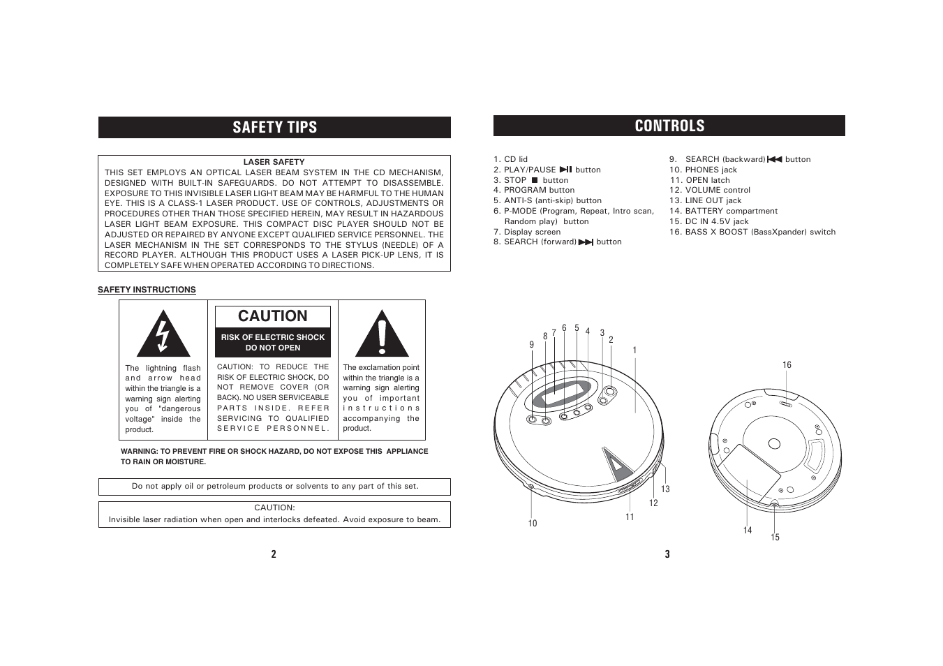 Safety tips, Controls, Caution | O p e n | Sanyo CDP-244CRB User Manual | Page 2 / 9