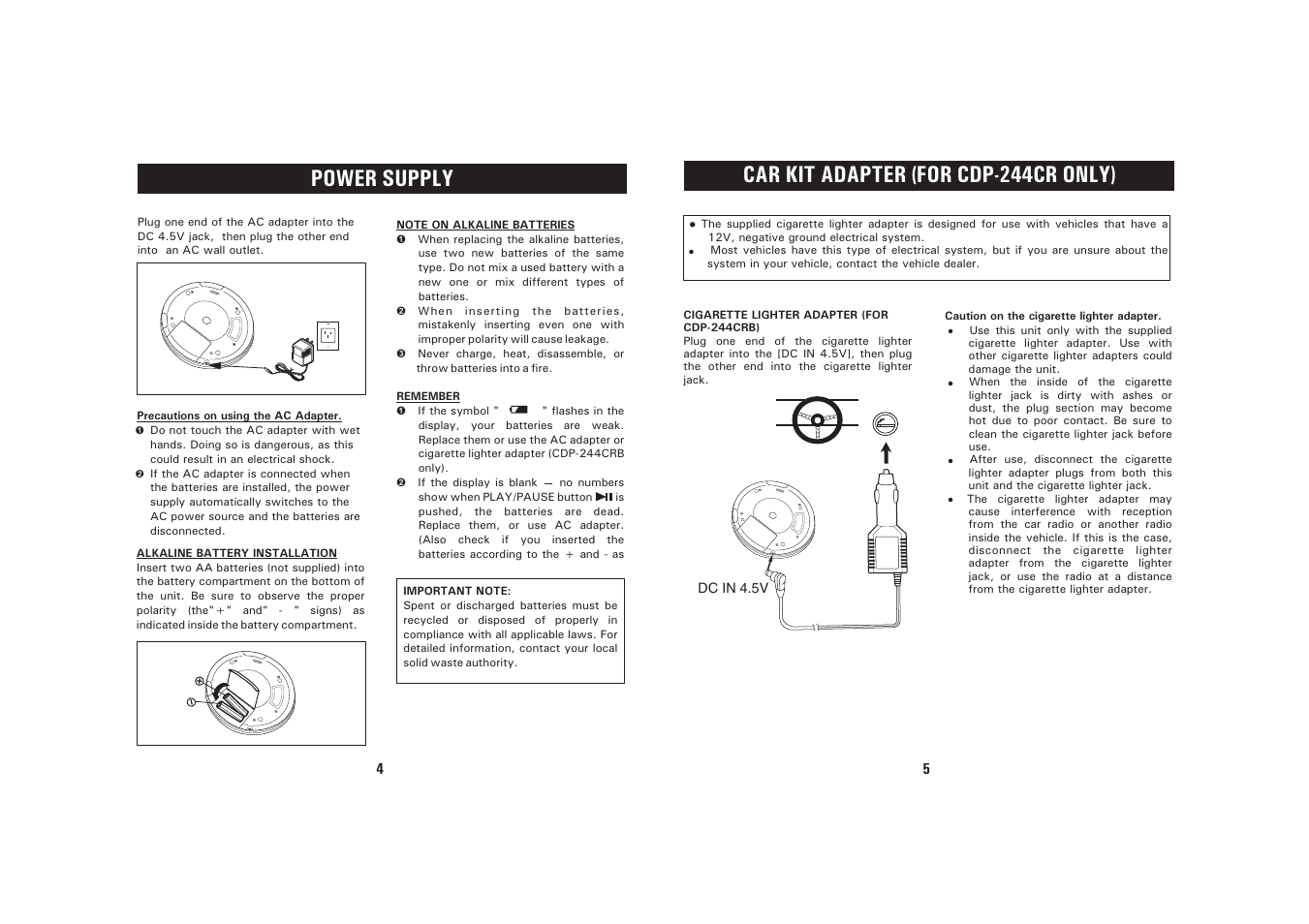 Power supply, Car kit adapter (for cdp-244cr only) | Sanyo CDP-244CRB User Manual | Page 3 / 9