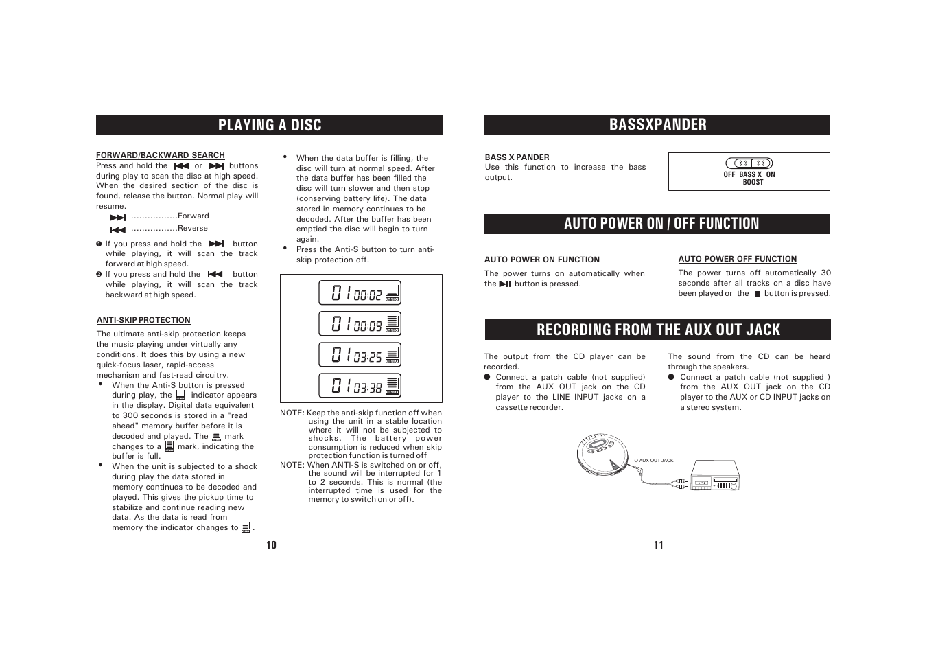 Playing a disc, Bassxpander, Auto power on / off function | Programmed play, Recording from the aux out jack, O p e n | Sanyo CDP-244CRB User Manual | Page 6 / 9