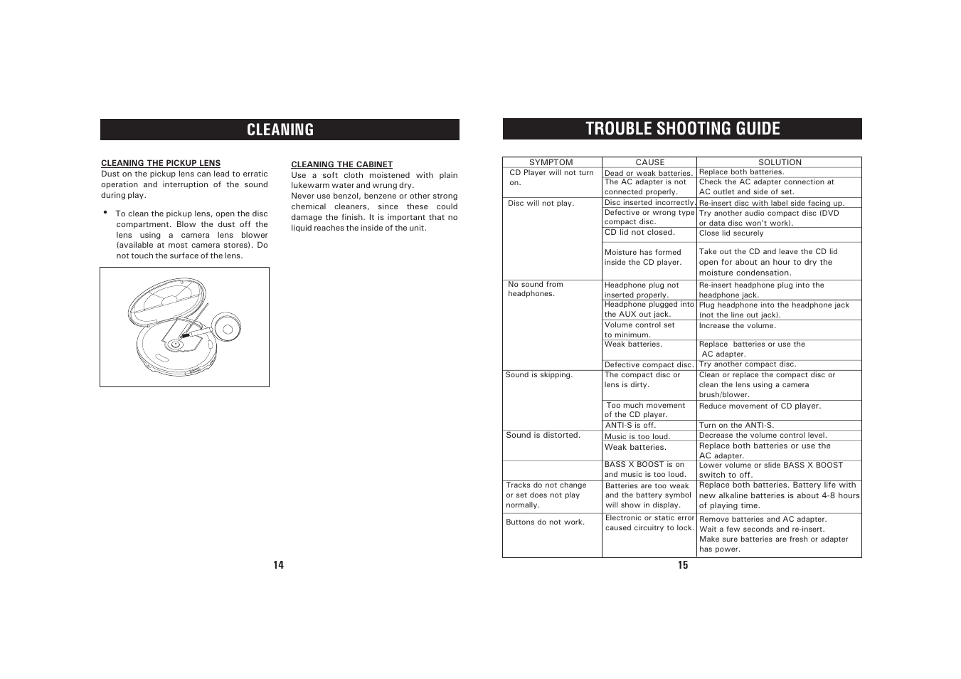 Cleaning, Trouble shooting guide | Sanyo CDP-244CRB User Manual | Page 8 / 9