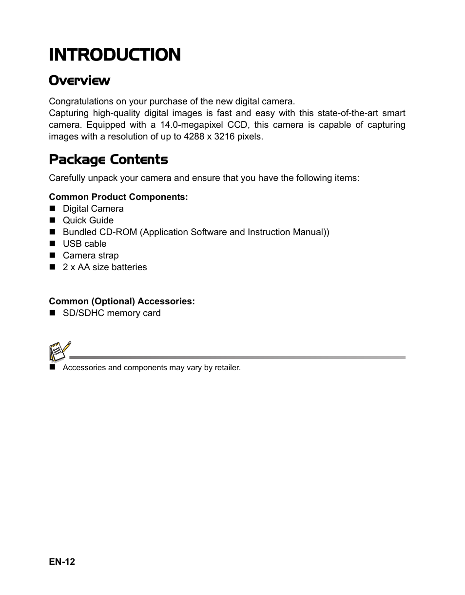 12 introduction, 12 overview 12 package contents, Introduction | Overview, Package contents | Sanyo VPC-S1415 User Manual | Page 13 / 46