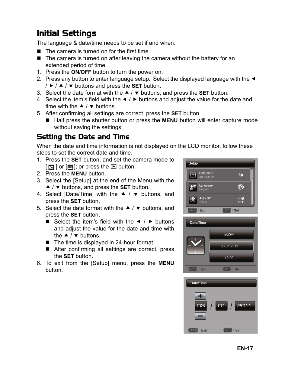 17 initial settings, Initial settings, Setting the date and time | Sanyo VPC-S1415 User Manual | Page 18 / 46