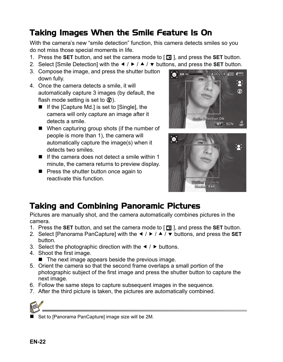 22 taking images when the smile, Feature is on, 22 taking and combining panoramic | Pictures, Taking images when the smile feature is on, Taking and combining panoramic pictures | Sanyo VPC-S1415 User Manual | Page 23 / 46