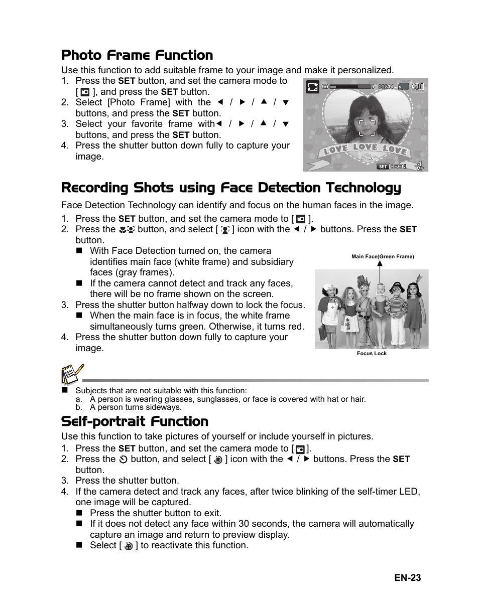 Detection technology, 23 self-portrait function, Photo frame function | Recording shots using face detection technology, Self-portrait function | Sanyo VPC-S1415 User Manual | Page 24 / 46