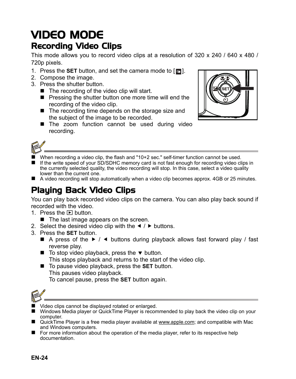 24 video mode, Video mode, Recording video clips | Playing back video clips | Sanyo VPC-S1415 User Manual | Page 25 / 46
