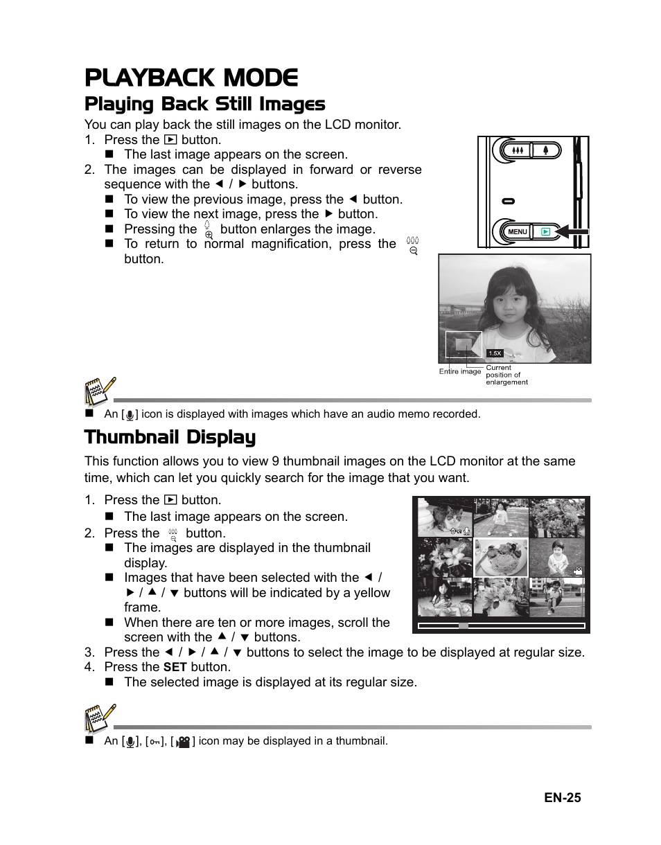 25 playback mode, 25 playing back still images 25 thumbnail display, Playback mode | Playing back still images, Thumbnail display | Sanyo VPC-S1415 User Manual | Page 26 / 46