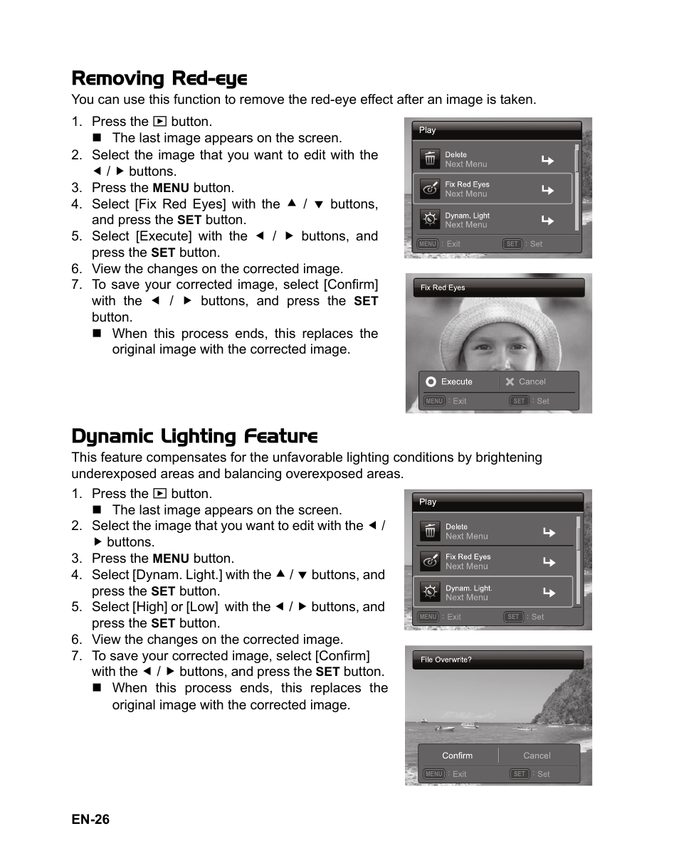 26 removing red-eye 26 dynamic lighting feature, Removing red-eye, Dynamic lighting feature | Sanyo VPC-S1415 User Manual | Page 27 / 46