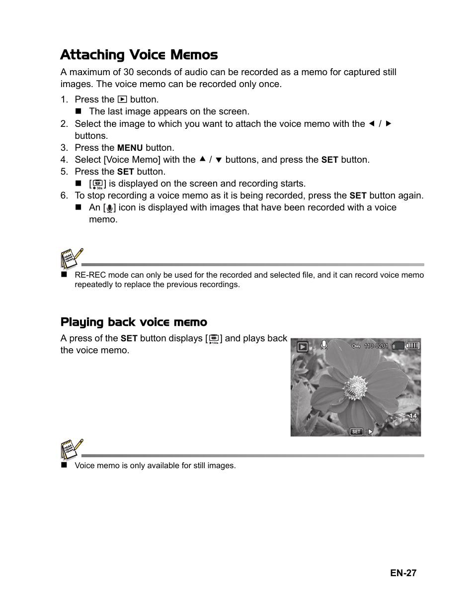 27 attaching voice memos | Sanyo VPC-S1415 User Manual | Page 28 / 46