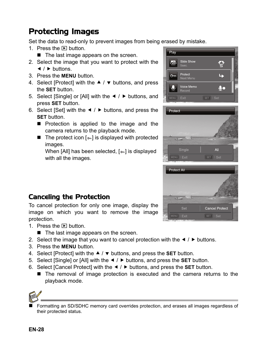 28 protecting images, Protecting images, Canceling the protection | Sanyo VPC-S1415 User Manual | Page 29 / 46