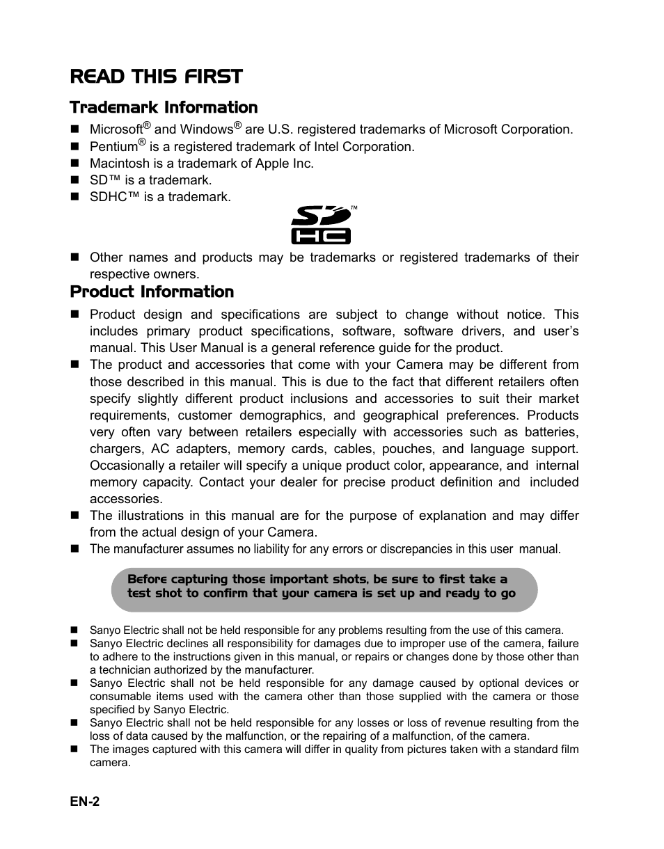 Read this first, Trademark information, Product information | Sanyo VPC-S1415 User Manual | Page 3 / 46
