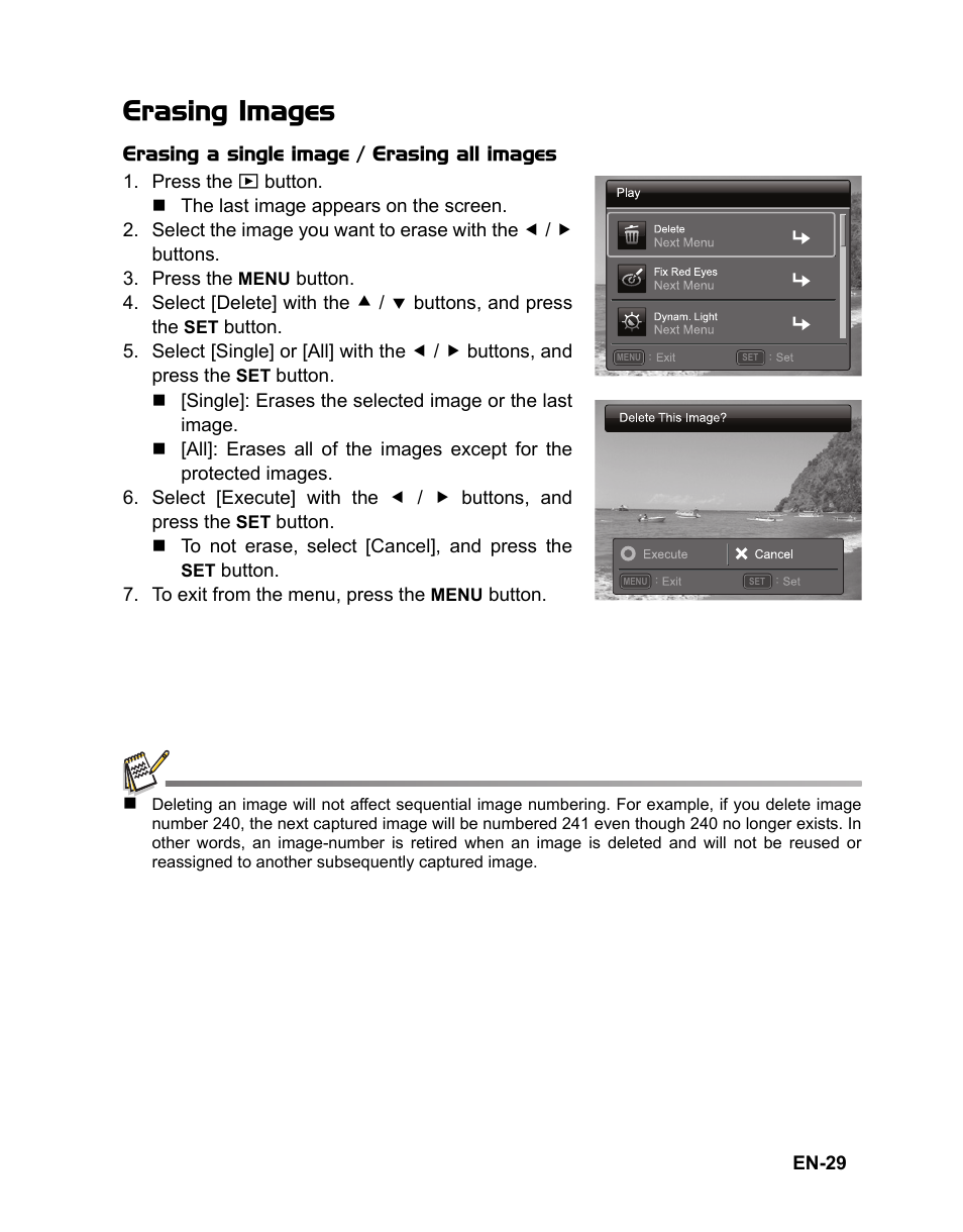 29 erasing images, Erasing images | Sanyo VPC-S1415 User Manual | Page 30 / 46