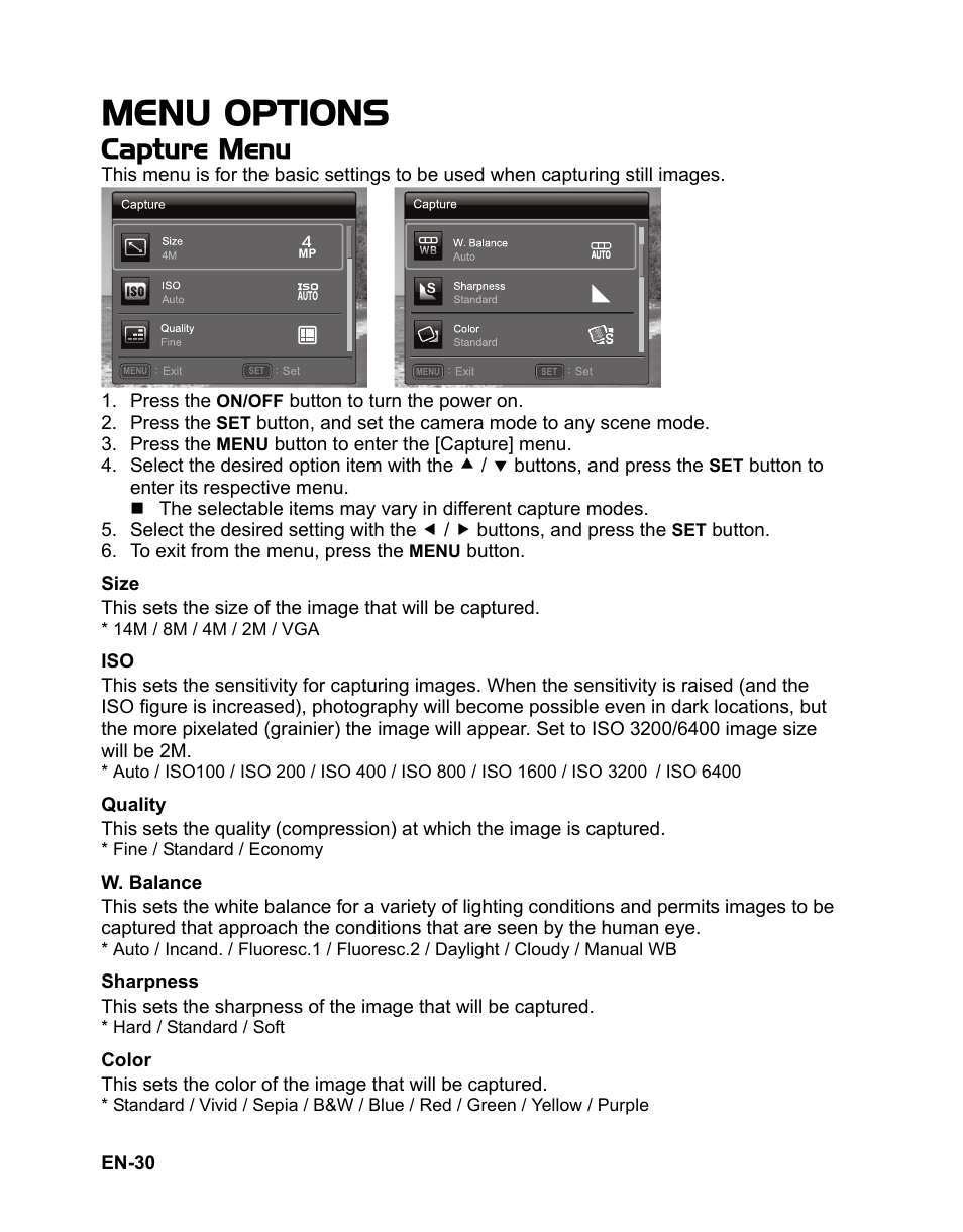 30 menu options, 30 capture menu, Menu options | Capture menu | Sanyo VPC-S1415 User Manual | Page 31 / 46