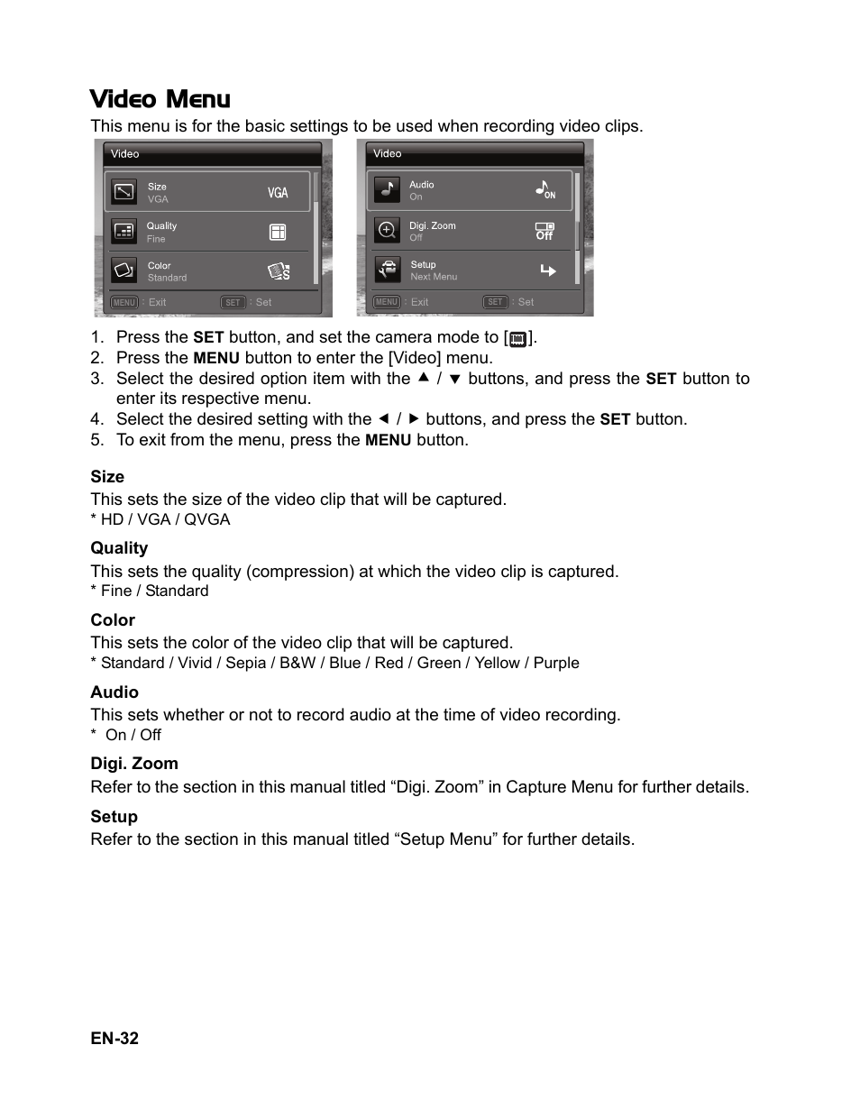 32 video menu, Video menu | Sanyo VPC-S1415 User Manual | Page 33 / 46
