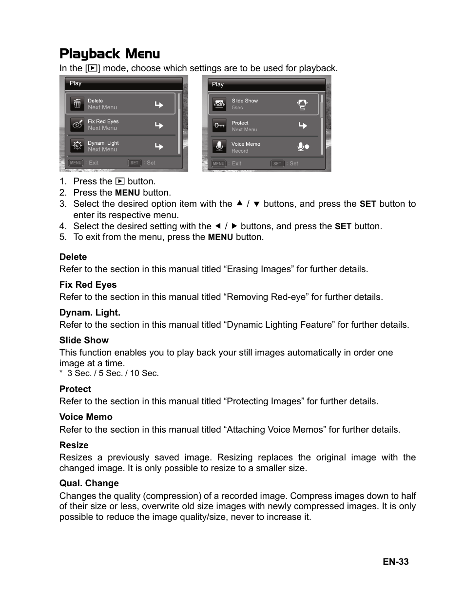 33 playback menu, Playback menu | Sanyo VPC-S1415 User Manual | Page 34 / 46