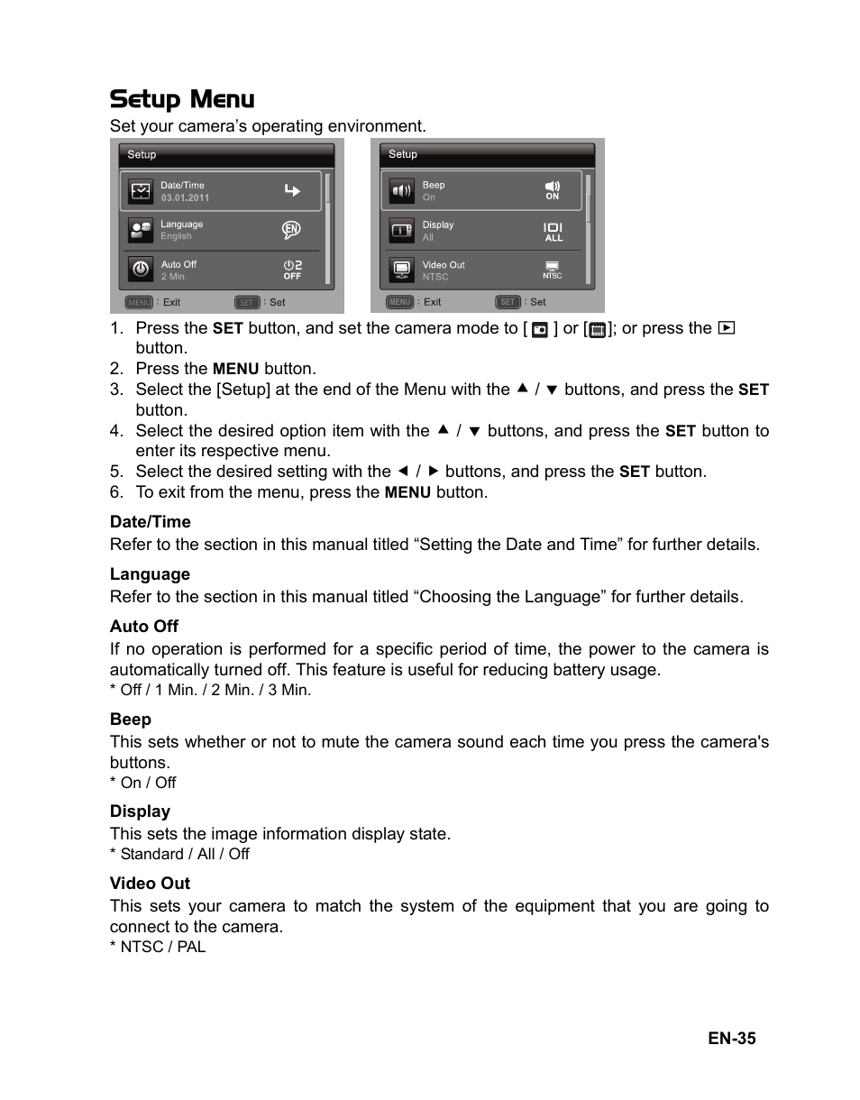35 setup menu, Setup menu | Sanyo VPC-S1415 User Manual | Page 36 / 46