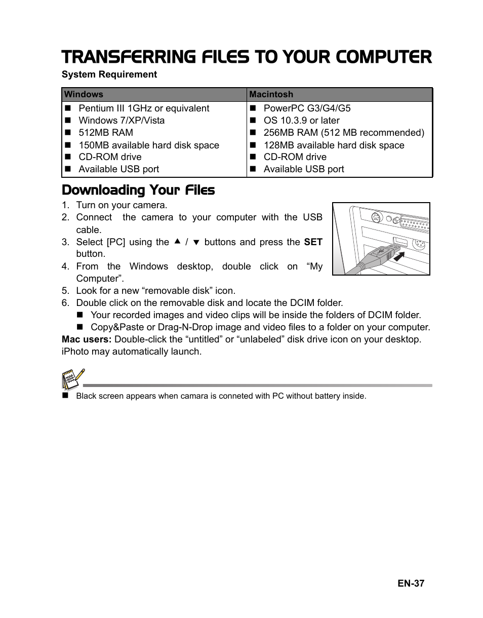 37 transferring files to, Your computer, 37 downloading your files | Transferring files to your computer, Downloading your files | Sanyo VPC-S1415 User Manual | Page 38 / 46