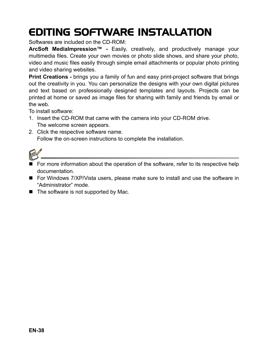 38 editing software, Installation, Editing software installation | Sanyo VPC-S1415 User Manual | Page 39 / 46